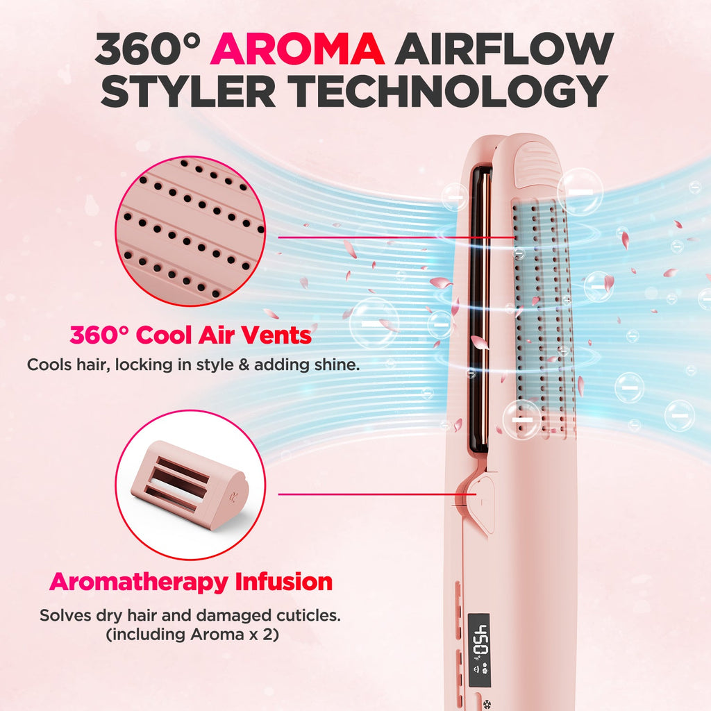 MiroPure 360° Airflow Styler Curling Iron, Titanium Flat Iron Hair Straightener and Curler 2 in 1, Professional Curing Wand with Ionic Aroma Cool Air, 13 Adjustable Temps, Dual Voltage for Long Hair - Miropure