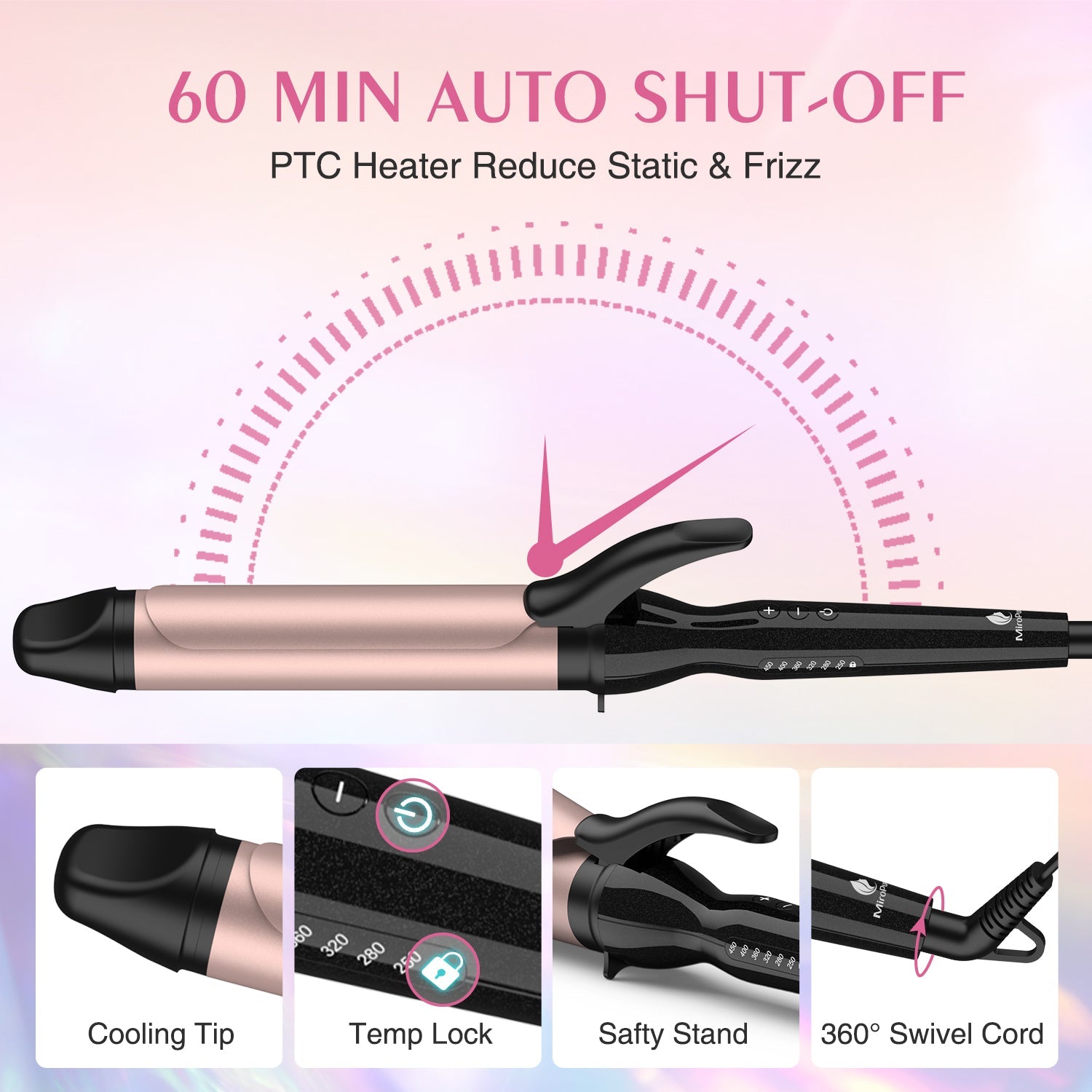 MiroPure Curling Iron, 1 1/2 Inch Hair Curling Iron with Ceramic Coating, Professional Curling Wand, Fast Heating up to 450°F, Wide Voltage for Worldwide, Temperature Lock & 60 Mins Auto Off - Miropure